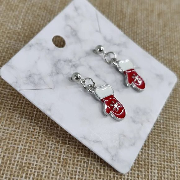 Holiday Earrings Christmas Mittens w/ Snowflake Studs Enamel Silver Plated - Picture 3 of 4